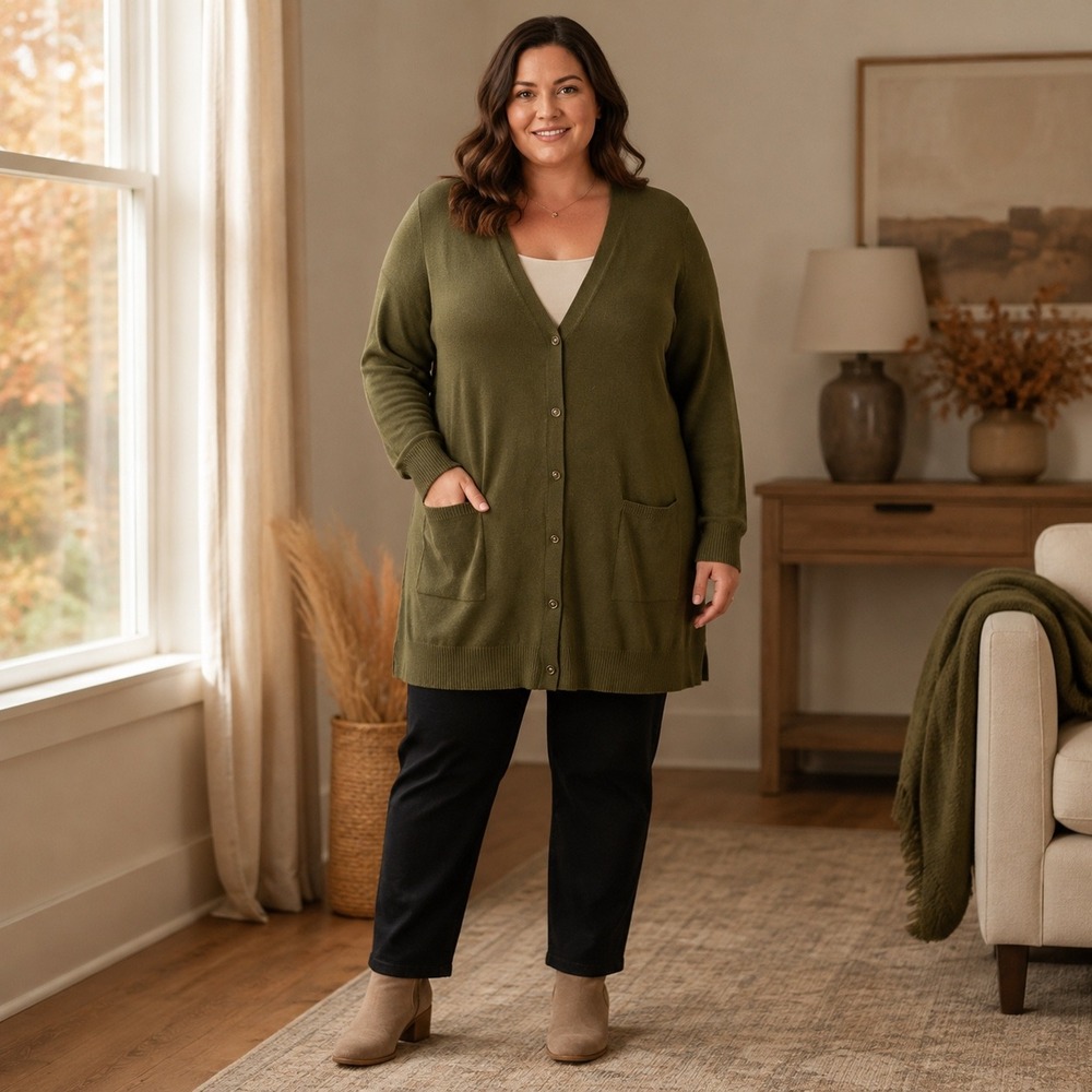 Maurices Womens XXL Olive Green Longline V-Neck Button Front Cardigan Sweater